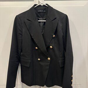 Black double-breasted blazer with brass buttons